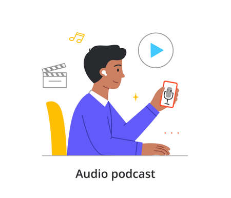 Young smiling male character is listening to audio podcast on his smartphone on white backgroundのイラスト素材
