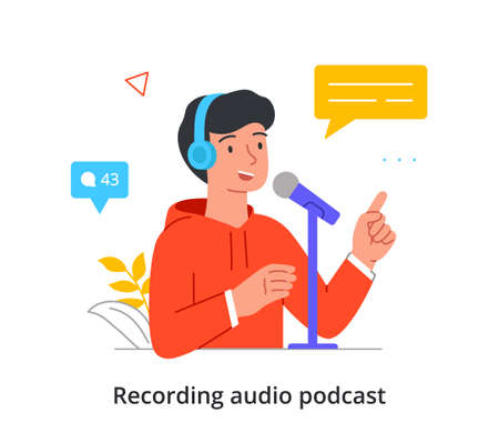 Smiling male character is recording an audio podcast in a professional studio on white backgroundのイラスト素材
