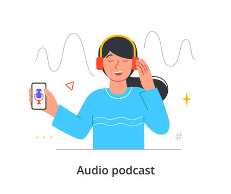 Joyful female character is really into listening to an audio podcast on her smartphone on white backgroundのイラスト素材
