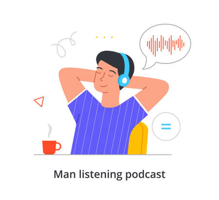 Young cheerful male character is listening to audio podcast on his smartphone with eyes closed on white backgroundのイラスト素材