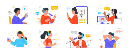 Set of smiling male and female characters listening and recording podcasts on white background.のイラスト素材