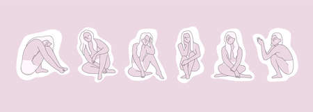 Set with beautiful image of a female figure on pink backgroundのイラスト素材