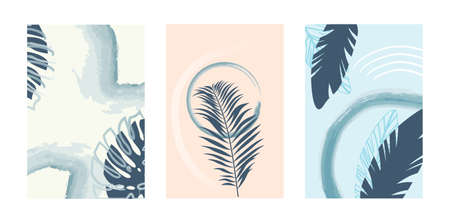 Set with botanical wall art decoration on colorful backgroundのイラスト素材