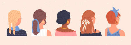 Set of young female characters with different haircuts and accessories on beige backgroundのイラスト素材