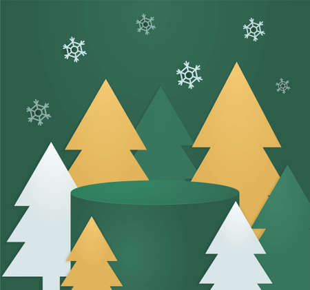 Cute green podium with colorful christmas trees on green background with snowflakesのイラスト素材