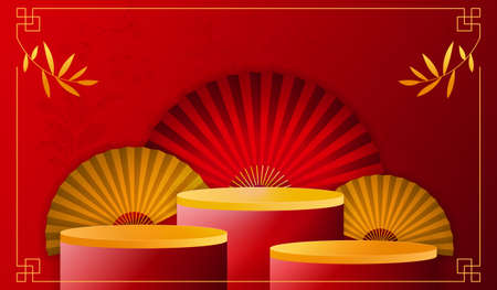 Bright red round stage podium and art chinese new year red paper cutのイラスト素材