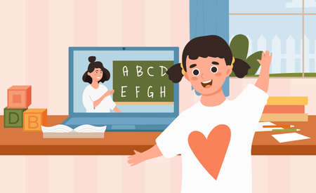 Cute happy little girl is home schooling on laptop connect to internet at homeのイラスト素材