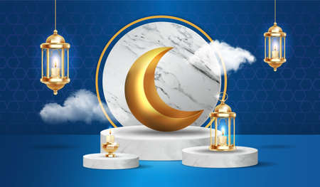 Cute islamic podium with fluffy clouds, gold crescent moon and lanterns hanging on dark blue backgroundの写真素材