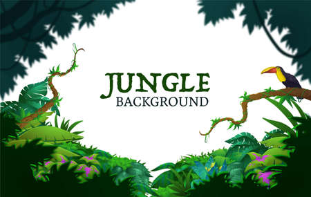 Cute colorful background with jungle plants and green letteringのイラスト素材