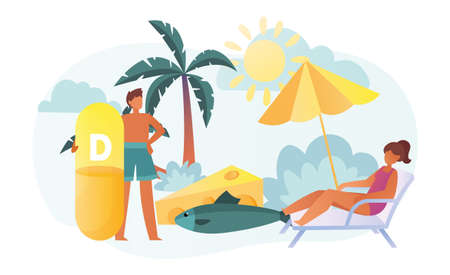 Female characters are eating fish, vitamin D, cheese and sunbathing together on the beachのイラスト素材