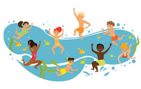 Happy diverse children are having fun diving under water together on white backgroundのイラスト素材