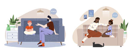 Set of scenes with children and parents talking on white backgroundのイラスト素材