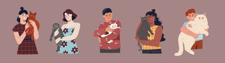Set of male and female characters and their cats on brown backgroundのイラスト素材