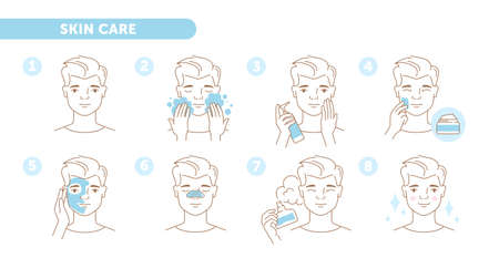 Tutorial set with linear male character showing how to take care of skin properly on white backgroundのイラスト素材