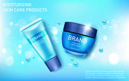 Moisturizing skin care cosmetics tube and cream jar advertising on blue backgroundのイラスト素材