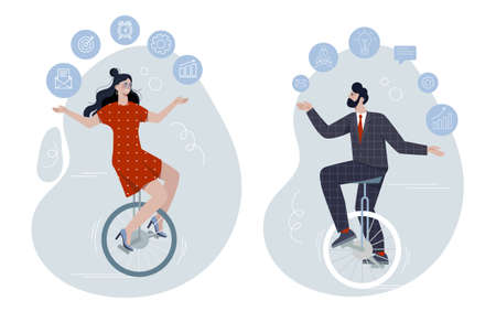 Male and female characters are riding unicycle and juggling office related elementsのイラスト素材