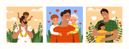 Set of fathers day scenes with dads taking care of their children outdoorsのイラスト素材