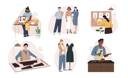 Set with clothing and footwear designers working together on white backgroundのイラスト素材