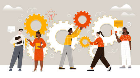 Male and female characters are assembling cogwheels together at workのイラスト素材