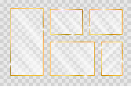 Set of square shiny frames with glowing effects on transparent backgroundのイラスト素材