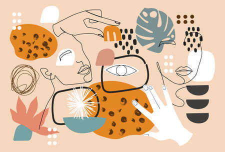 Cute colorful set with abstract art objects for an art exhibition on beige backgroundのイラスト素材