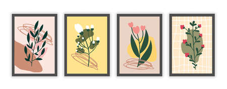 Set of modern floral abstract minimal covers on white backgroundの写真素材