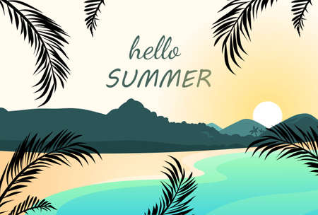 Beautiful landscape at sunset with hello summer lettering on exotic natural backgroundのイラスト素材