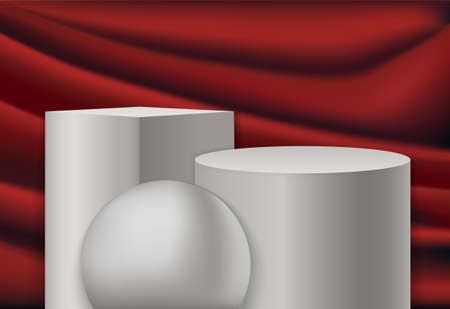 Set of modern white cube and cylinder step pedestal podium on red backgroundのイラスト素材