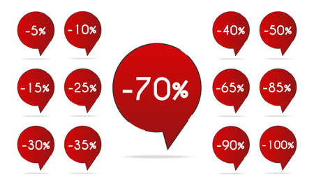 Set of red sale tags speech bubble with different discount numbers on white backgroundのイラスト素材