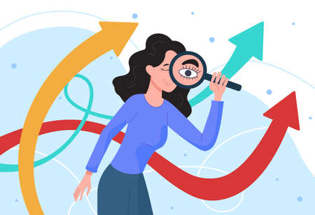 Young female character is looking into the future for new business opportunities through magnifier on white backgroundのイラスト素材