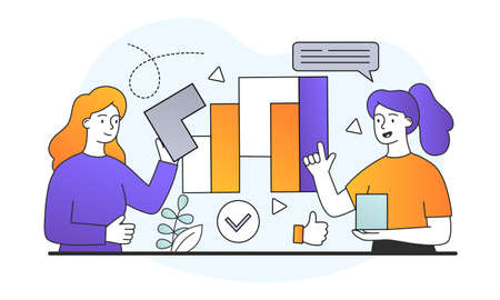 Female characters are trying to find solution or business strategy to solve complex situations on white backgroundのイラスト素材