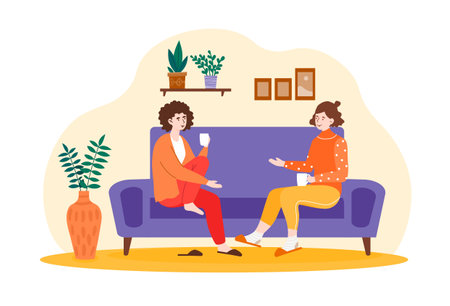 Smiling female friends are drinking tea at home togetherのイラスト素材
