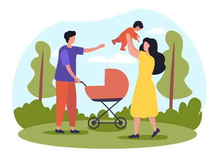 Happy cute family spending time with baby outdoors in the parkのイラスト素材