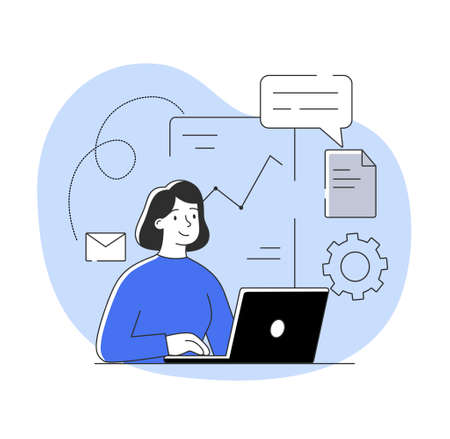 Female character is working on startup development on computer on white backgroundのイラスト素材