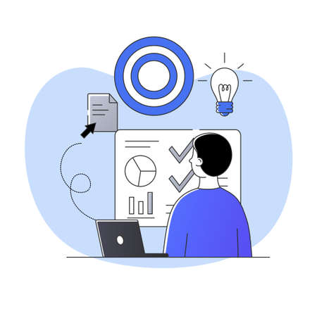 Male character is working on startup development with infographics on computer on white backgroundのイラスト素材