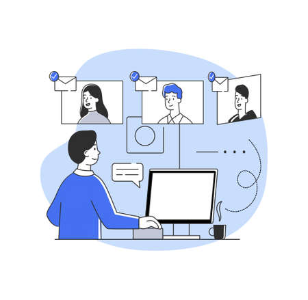 Male character is working on startup development with other employees on computer on white backgroundのイラスト素材