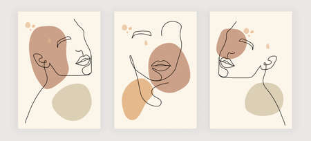 Collection of modern abstract linear minimalistic female faces on beige backgroundのイラスト素材