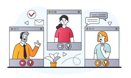 Video conference windows with male and female characters talking remotely online on white backgroundのイラスト素材
