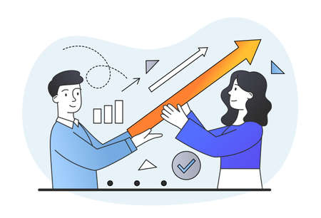 Male and female characters are carrying big growth rising up arrow graphのイラスト素材