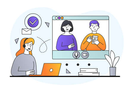 Male and female characters are attending video conference call together on white background using laptopのイラスト素材