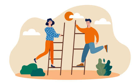 Male and female character are taking small steps for big achievementsのイラスト素材