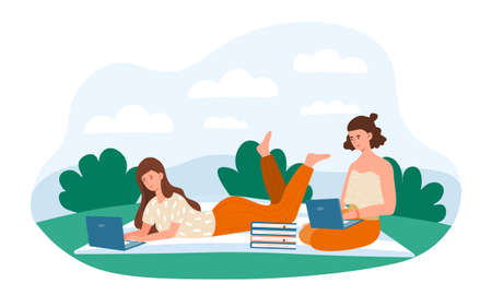 Female student friends are working in a group outdoors togetherのイラスト素材