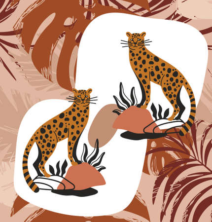 Set of cute leopards standing on rocks in boho style on palm print backgroundのイラスト素材
