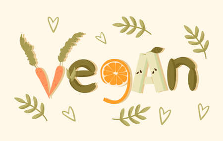 Colorful eco lifestyle banner with vegan lettering attached from fruits and vegetables on light pastel backgroundのイラスト素材