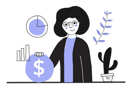 Young tired female character is holding a coin on white backgroundのイラスト素材