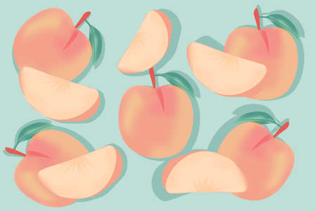 Cute set with colorful peaches cut as a seamless pattern on light emerald backgroundのイラスト素材