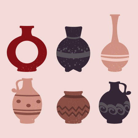 Collection of cute colorful ceramic vases of different shapes on pink backgroundのイラスト素材