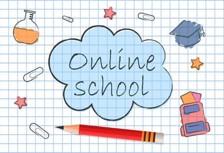 Cute student notebook with drawings and online school letteringのイラスト素材