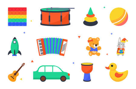 Set with cute toys for little children on white backgroundのイラスト素材