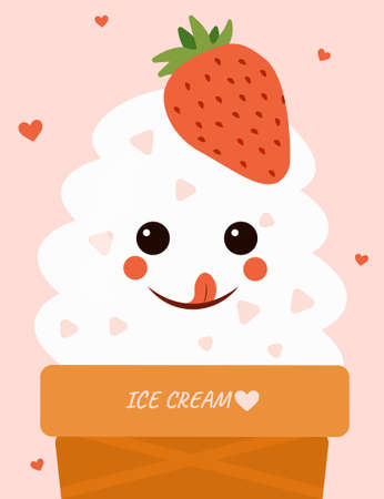 Ice cream cone close-up with cute face on pink backgroundのイラスト素材